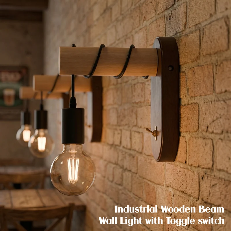 Vintage Wandleuchte Holz mit Kippschalter & E27 Glühbirne Retro Wandlampe~3656