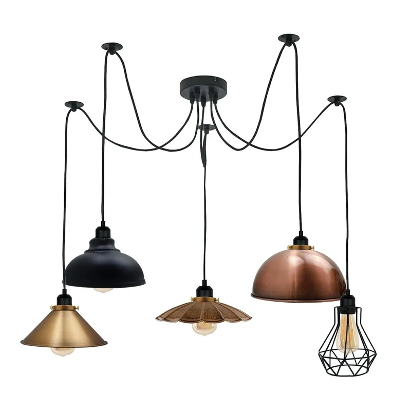5 Flammige Octopus Pendelleuchte Mix-Schirm Schwarz E27 ~3661