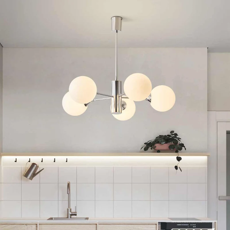 Chandelier Nordic Sputnik Glass Ball Multi Globe, White & Chrome