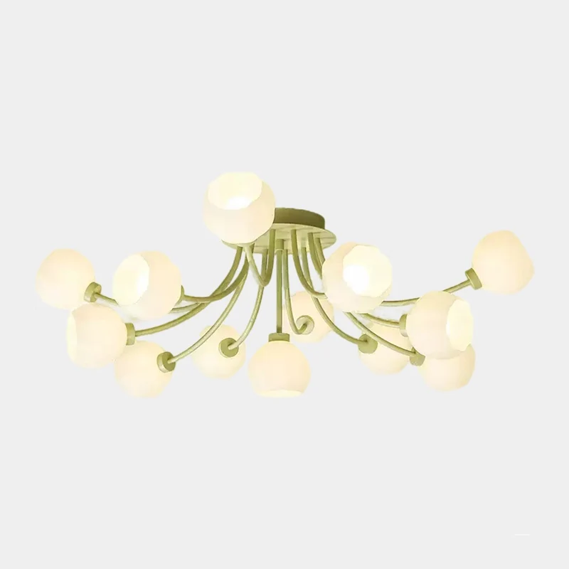 Semi-Flush Mount Ceiling Light Cream Glass Flower, White / Green