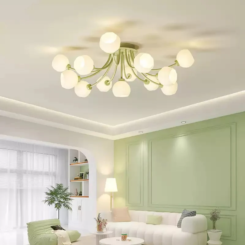 Semi-Flush Mount Ceiling Light Cream Glass Flower, White / Green