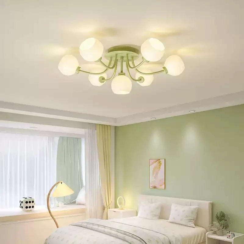 Semi-Flush Mount Ceiling Light Cream Glass Flower, White / Green