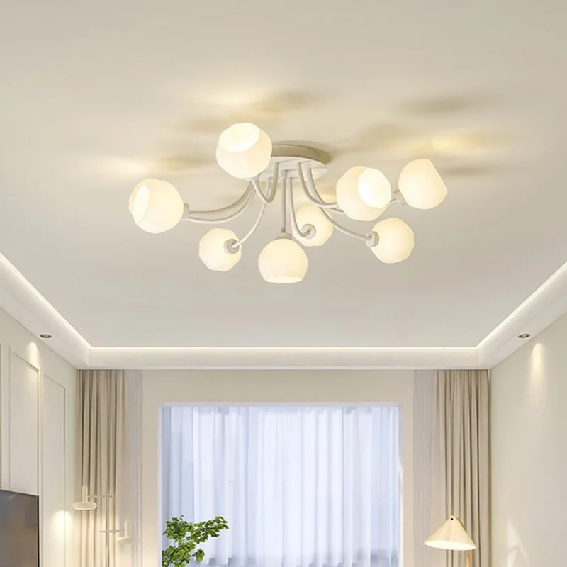 Semi-Flush Mount Ceiling Light Cream Glass Flower, White / Green