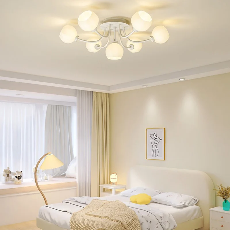 Semi-Flush Mount Ceiling Light Cream Glass Flower, White / Green