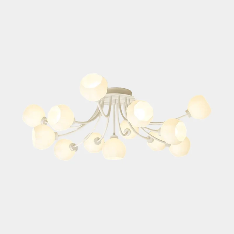 Semi-Flush Mount Ceiling Light Cream Glass Flower, White / Green