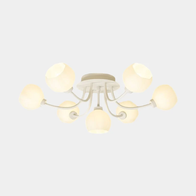 Semi-Flush Mount Ceiling Light Cream Glass Flower, White / Green