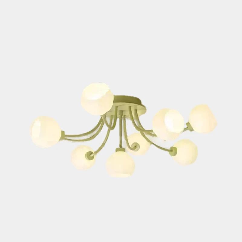 Semi-Flush Mount Ceiling Light Cream Glass Flower, White / Green