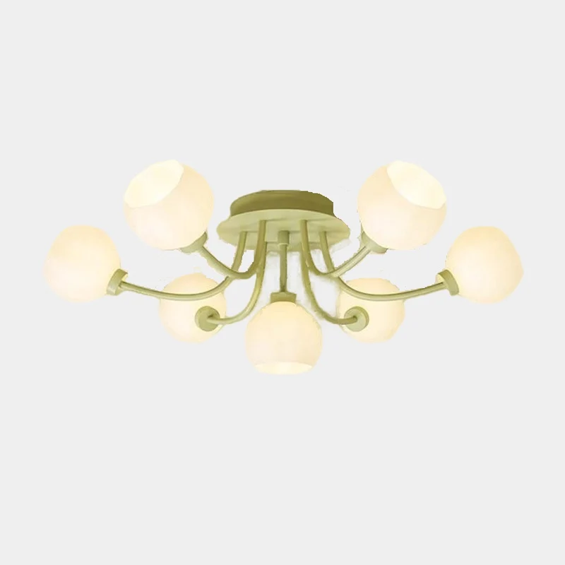 Semi-Flush Mount Ceiling Light Cream Glass Flower, White / Green