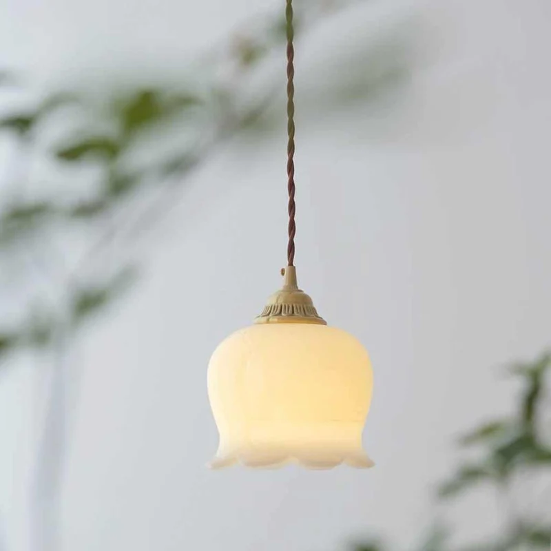 Small Pendant Light French Cream Flower Lily of the Valley Resin Brass