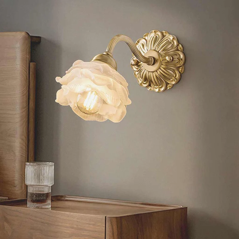 Wall Sconce Light Vintage Brass White Glass Flower