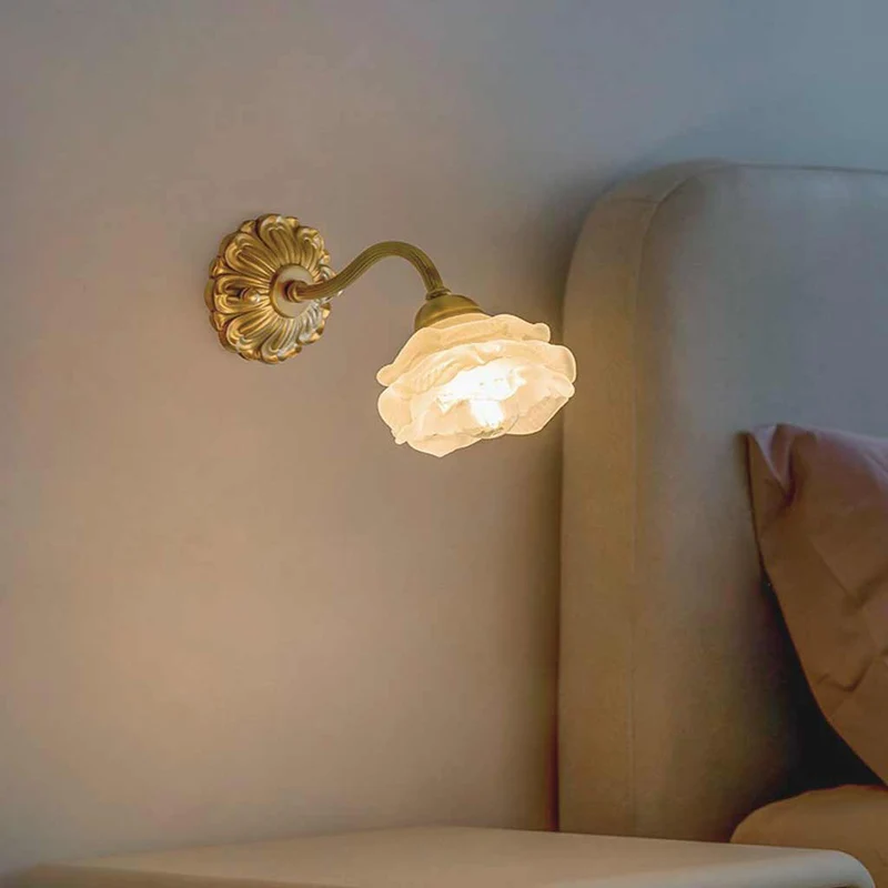 Wall Sconce Light Vintage Brass White Glass Flower
