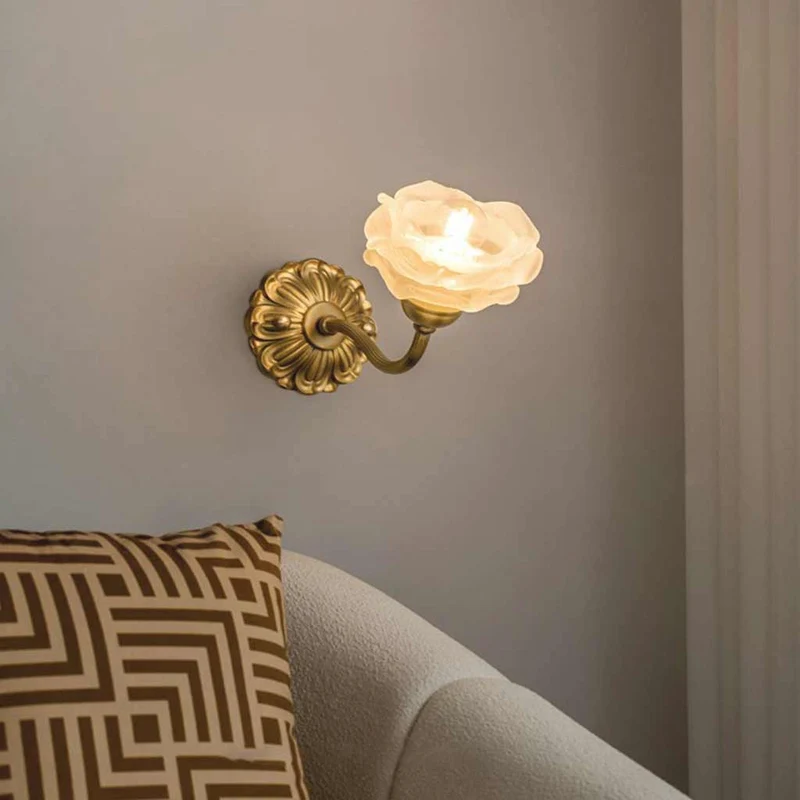 Wall Sconce Light Vintage Brass White Glass Flower