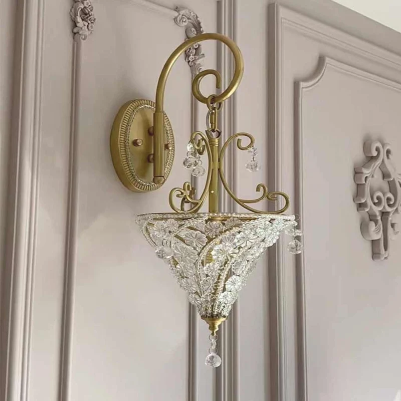 Wall Sconce Lighting French Mid-Century Brass Crystal Cone