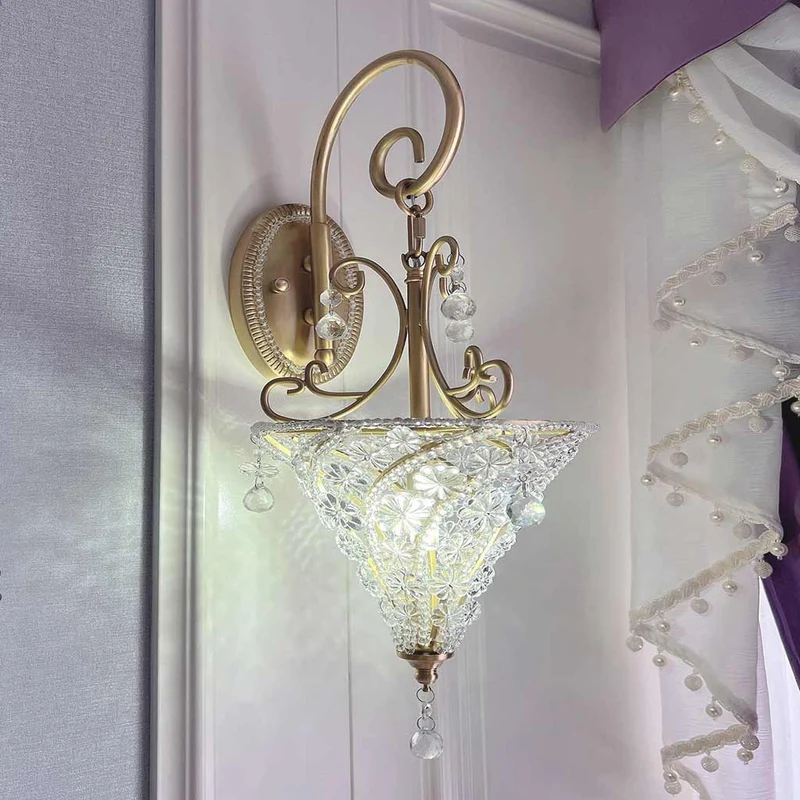 Wall Sconce Lighting French Mid-Century Brass Crystal Cone