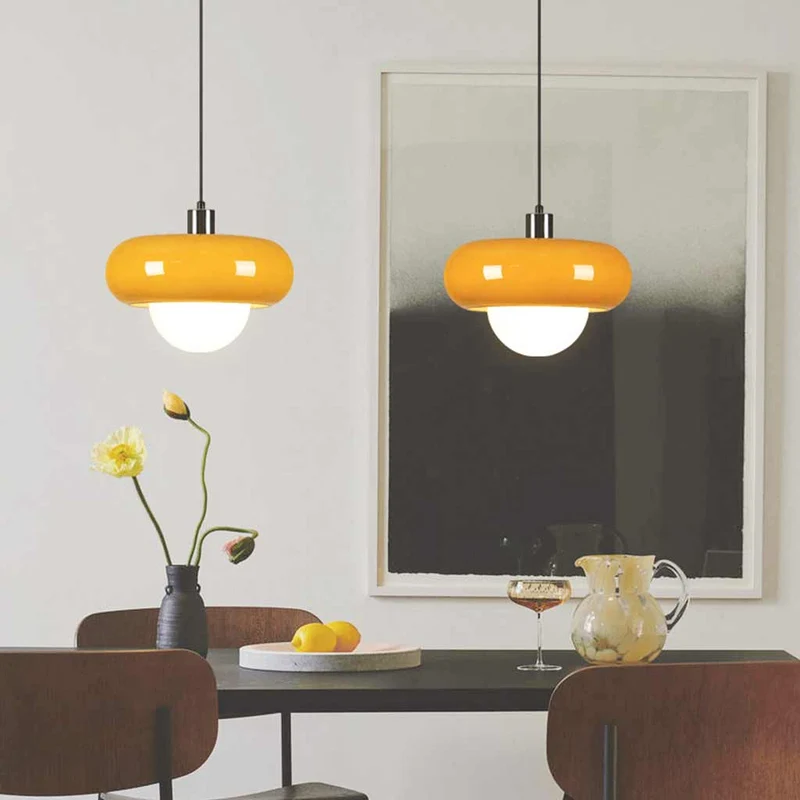 Pendant Light Bauhaus Round Glass, Orange & White