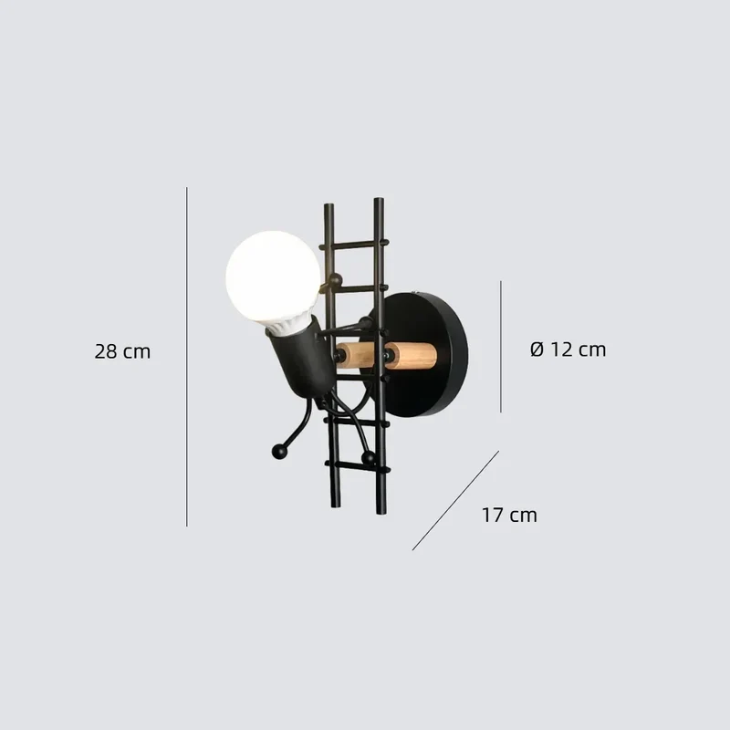 Moderne Kinderzimmer-Wandleuchte mit Männchen auf Metallleiter, Schwarz