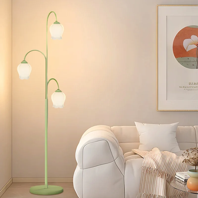 Floor Lamp Cream Glass Lily of the Valley Flower Indoor, Green