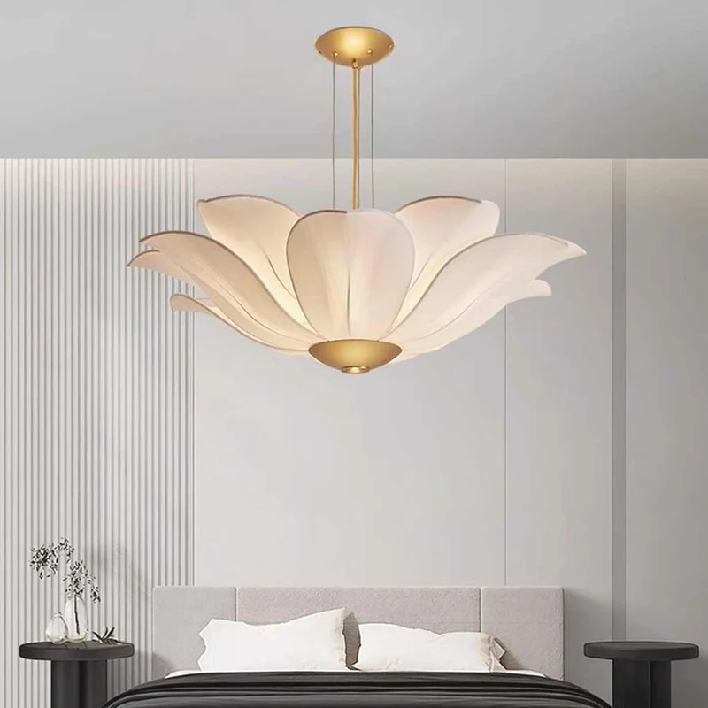 Chandelier Artistic Fabric Lotus Flower, White & Gold