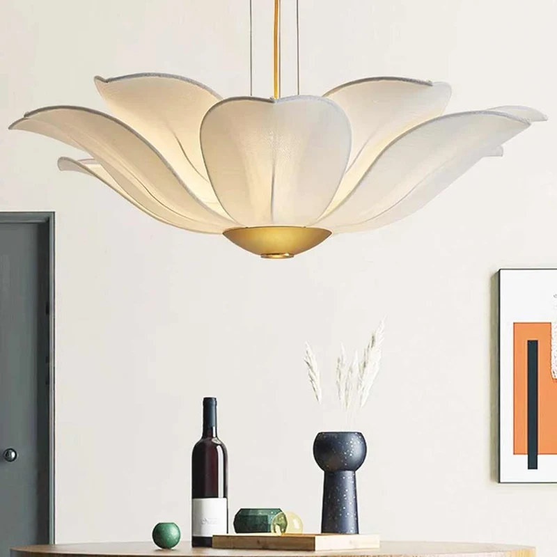 Chandelier Artistic Fabric Lotus Flower, White & Gold