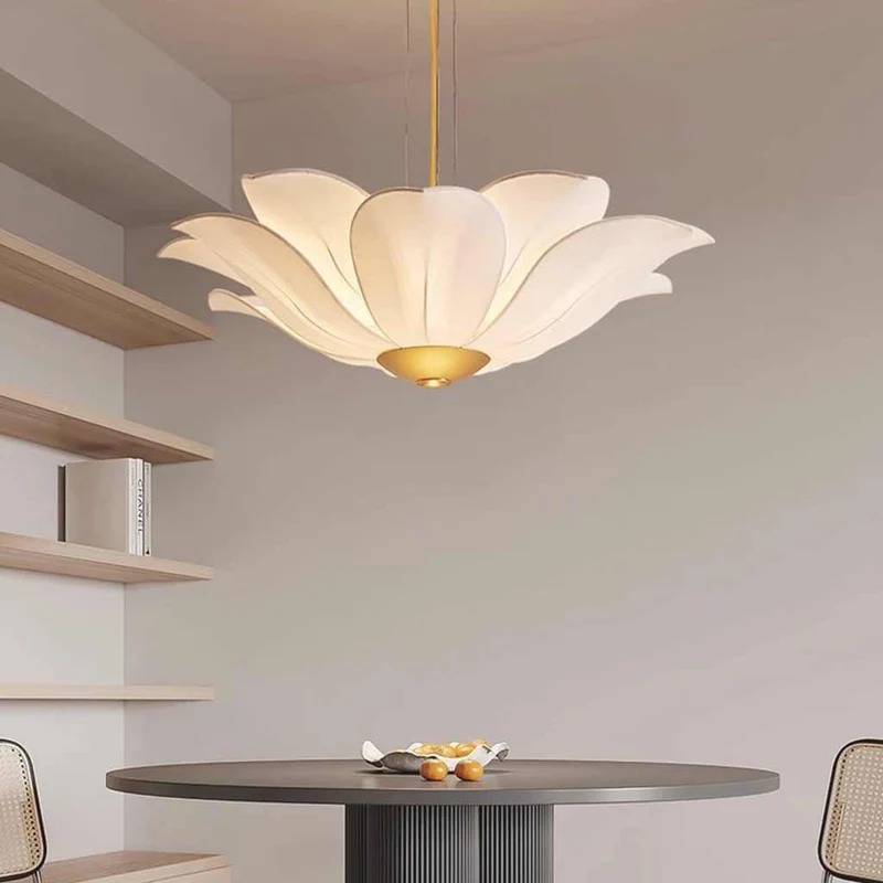 Chandelier Artistic Fabric Lotus Flower, White & Gold