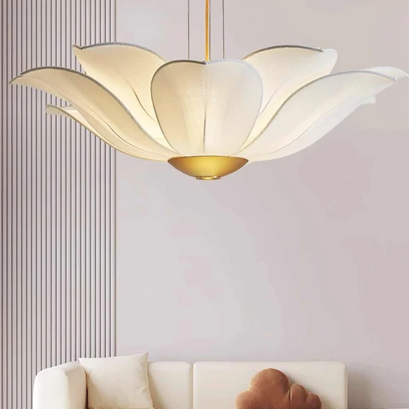 Chandelier Artistic Fabric Lotus Flower, White & Gold