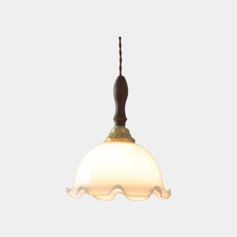 French Decorative Wood Glass Shade Flower Lily of the Valley Brass Pendant Light