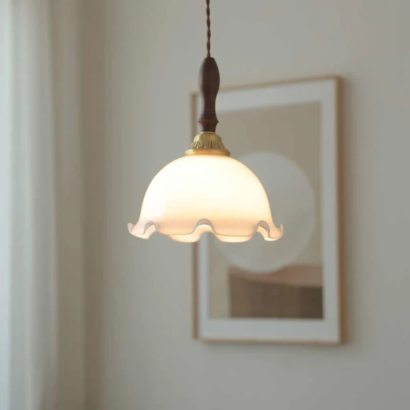 French Decorative Wood Glass Shade Flower Lily of the Valley Brass Pendant Light