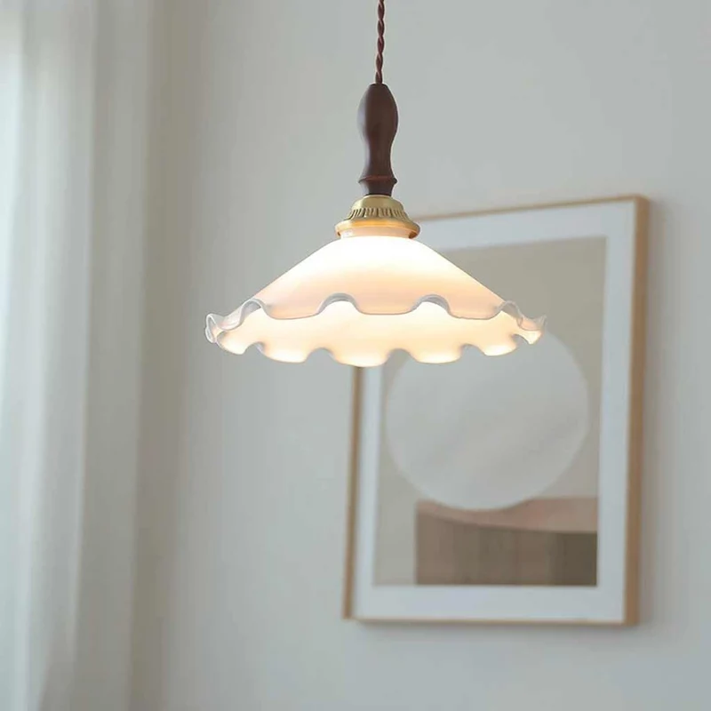 French Decorative Wood Glass Shade Flower Lily of the Valley Brass Pendant Light