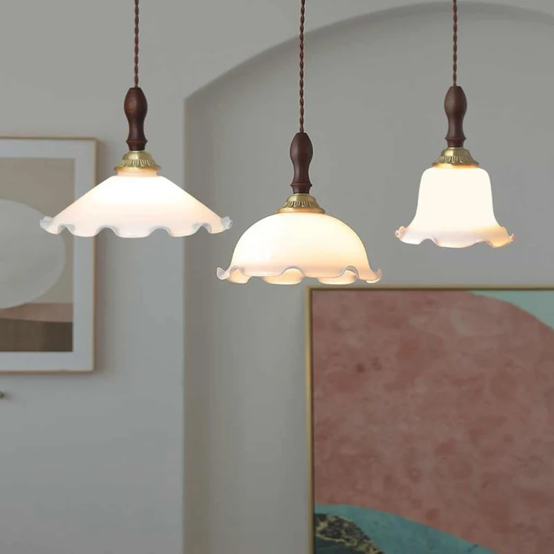 French Decorative Wood Glass Shade Flower Lily of the Valley Brass Pendant Light