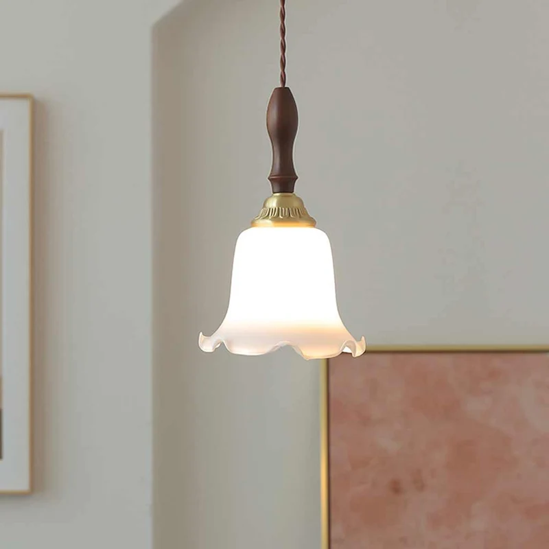 French Decorative Wood Glass Shade Flower Lily of the Valley Brass Pendant Light