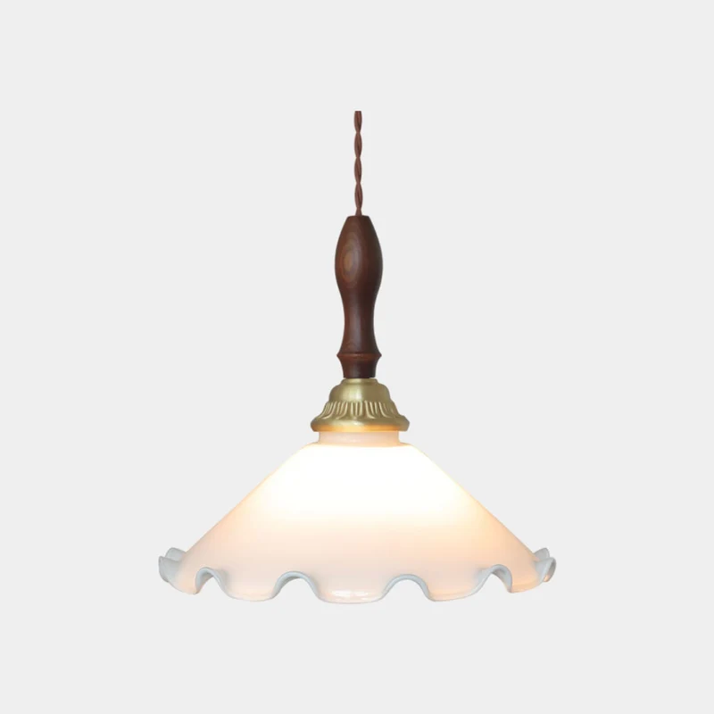 French Decorative Wood Glass Shade Flower Lily of the Valley Brass Pendant Light