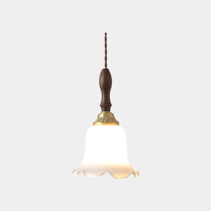 French Decorative Wood Glass Shade Flower Lily of the Valley Brass Pendant Light