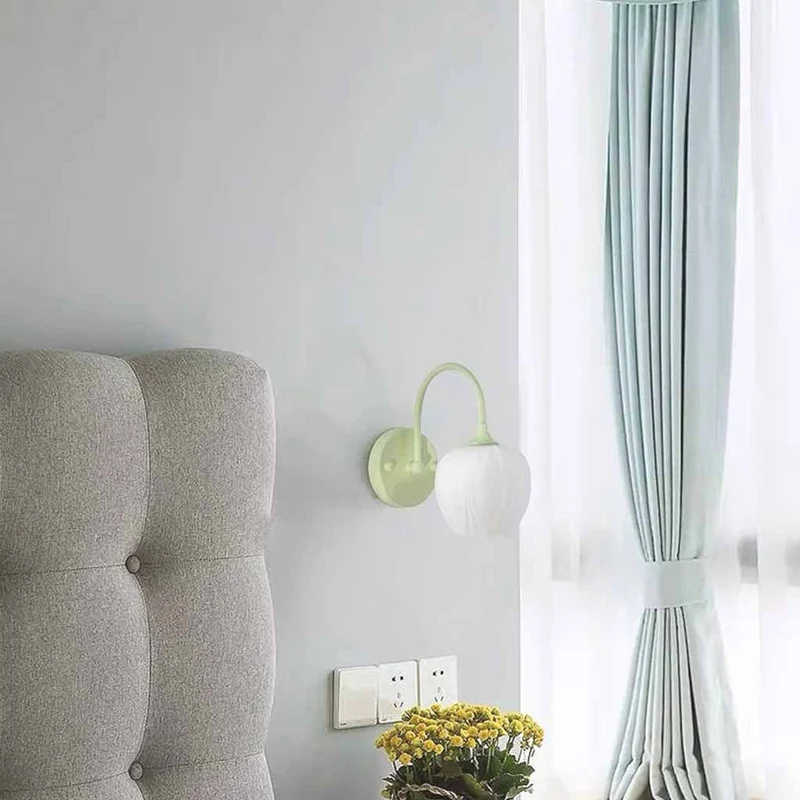 Wall Sconce Light Cream Glass Flower Tulip, Green / White