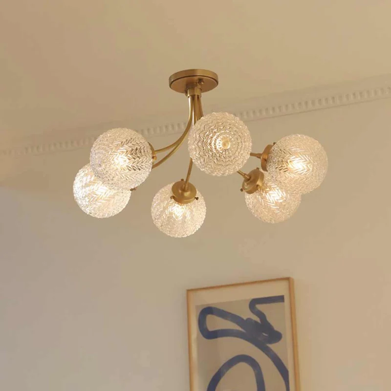 Semi-Flush Ceiling Light Nordic Brass Glass Crystal Multi Globe