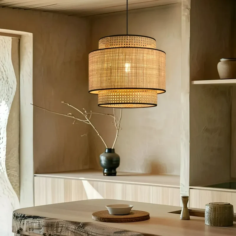 Japandi Pendelleuchte aus Rattan für das Esszimmer
