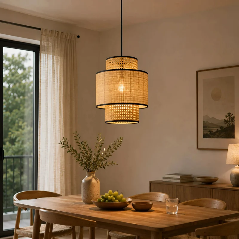 Japandi Pendelleuchte aus Rattan für das Esszimmer