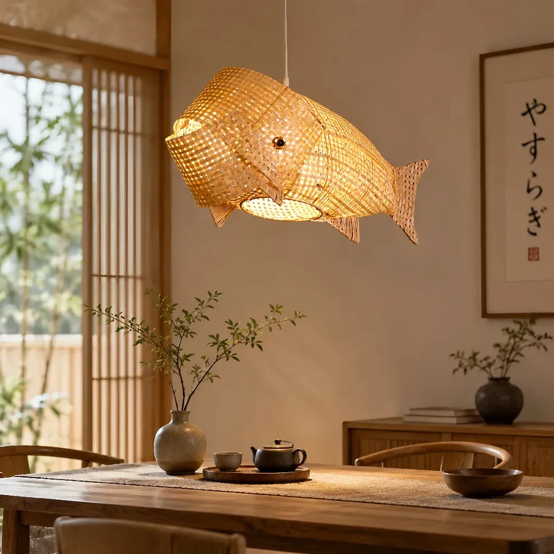 Japandi Rattan-Pendelleuchte im Fisch-Design für das Esszimmer