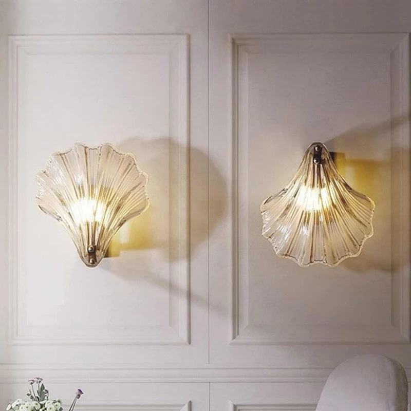 Wall Sconce Light Decorative Brass Amber Glass Shell