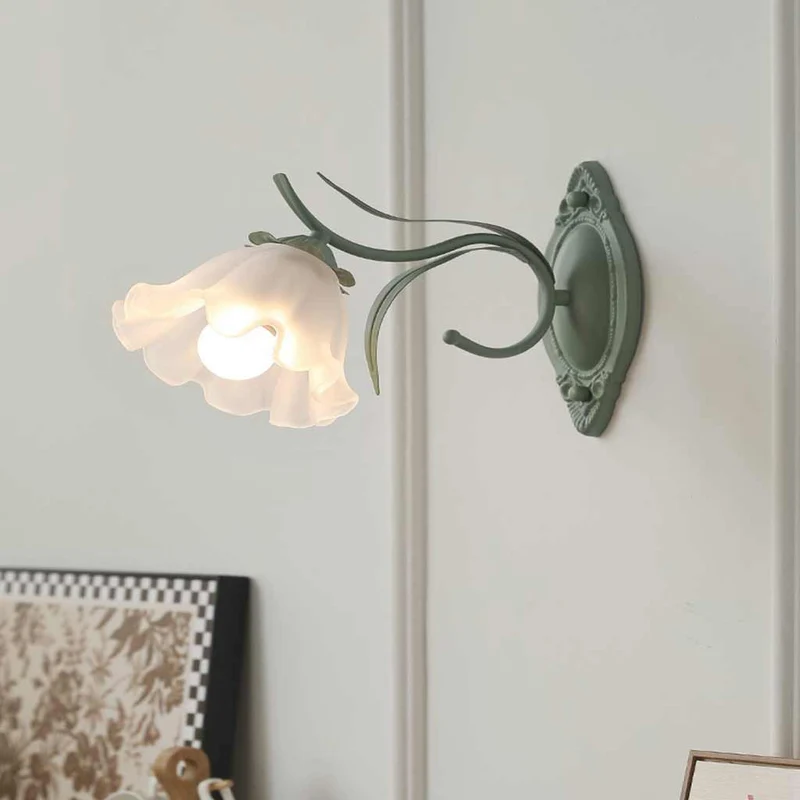 Wall Sconce Light French Glass Lily Flower Lily of the Valley, Green & White