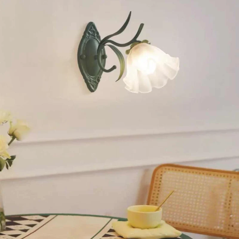 Wall Sconce Light French Glass Lily Flower Lily of the Valley, Green & White