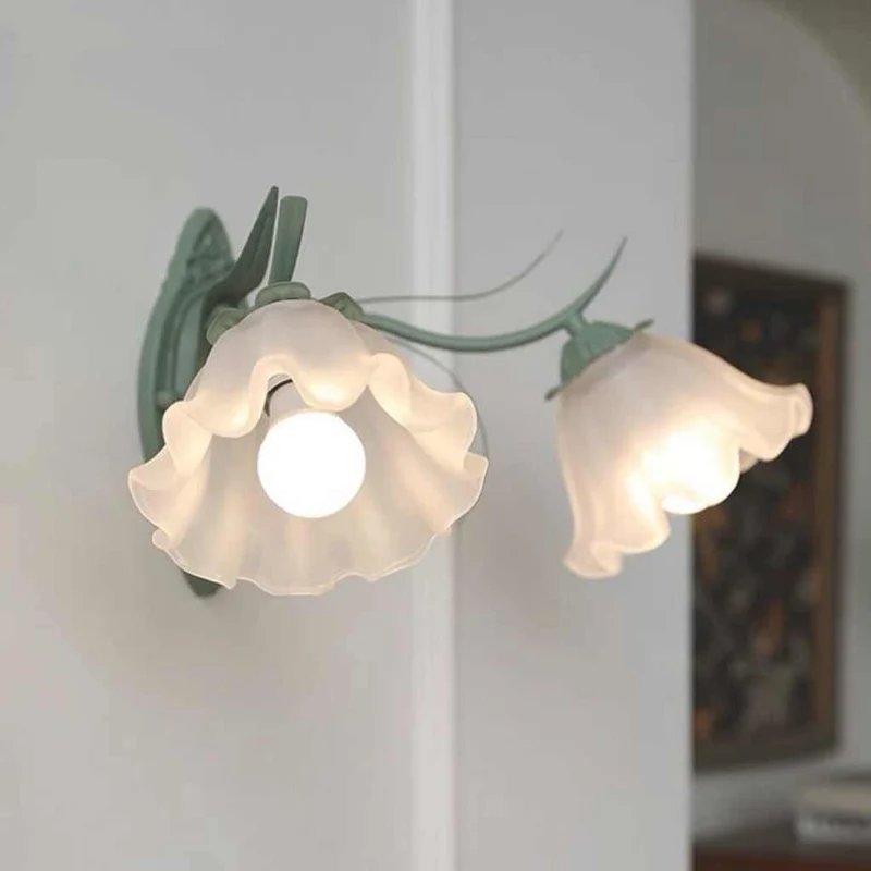 Wall Sconce Light French Glass Lily Flower Lily of the Valley, Green & White