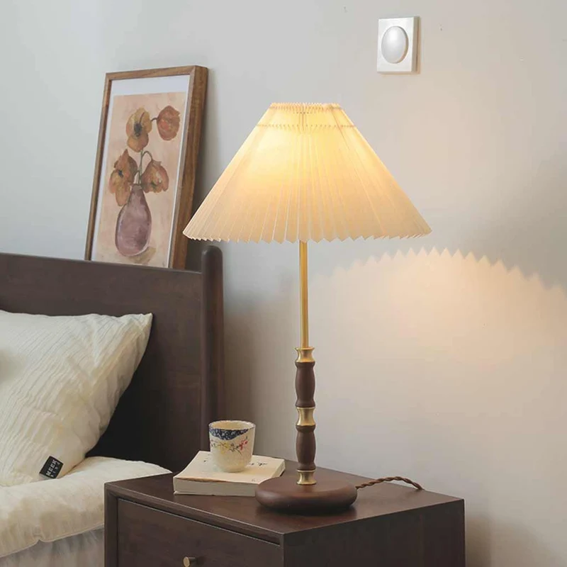 Table Lamp Retro Decorative Walnut Wood with Pleated Shade