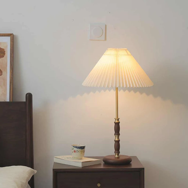 Table Lamp Retro Decorative Walnut Wood with Pleated Shade