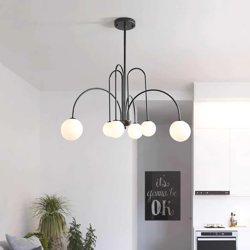 Chandelier Modern Arch Milk Glass Globe Sphere, 3 Colors