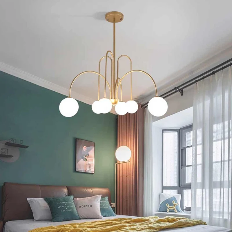 Chandelier Modern Arch Milk Glass Globe Sphere, 3 Colors