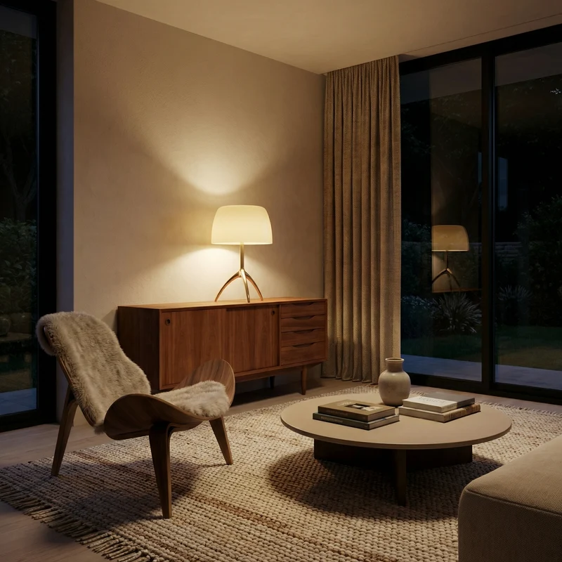 Moderne dreibeinige Tischlampe aus farbigem Glas – Triolux