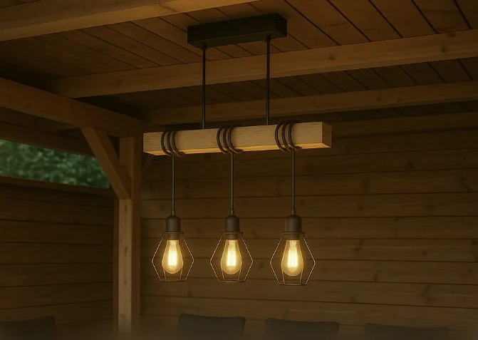 Hängelampe Holz und Industrie | 50CM | 3 x E27-Fassung | Schwarz