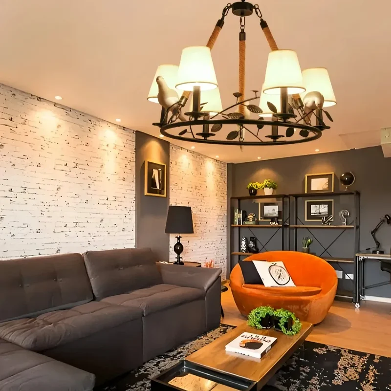 Landhausstil Kronleuchter mit Schirmchen und Vogeldekor fürs Wohnzimmer
