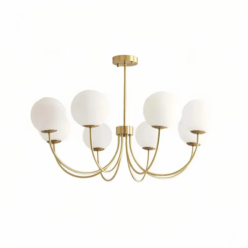 Goldener Kronleuchter mit Kugeln aus Opalglas für Wohnzimmer, Modern