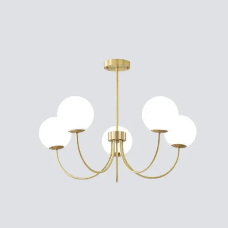Goldener Kronleuchter mit Kugeln aus Opalglas für Wohnzimmer, Modern